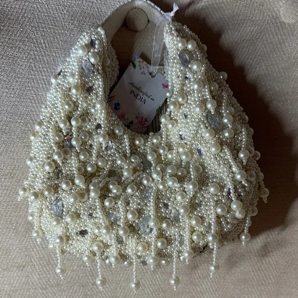Handcrafted In India Pearl-Embellished White Mini Bag - Picture 2 of 10